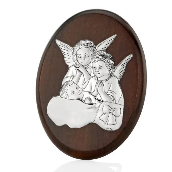 Obrazek z Aniołami w drewnianej oprawie (7,5x10,5 cm) z opcją graweru