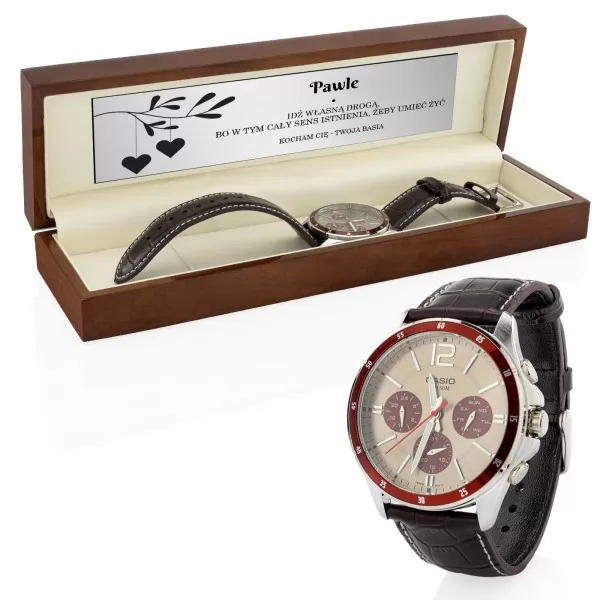 Zegarek męski CASIO w drewnianym etui z grawerem dedykacji