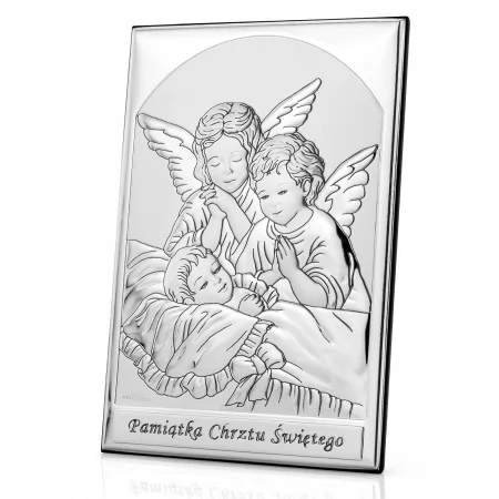 Obrazek srebrny (9 x 13 cm) z grawerem życzeń - Stróżujące Aniołki 