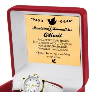 zegarek komunijny biały dla dziewczynki z grawerem dedykacji