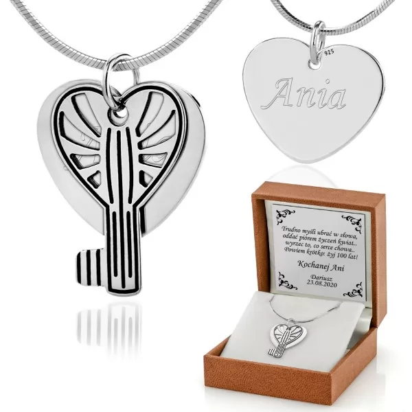Srebrny komplet biżuterii: serce z kluczykiem z grawerem - Klucz do serca