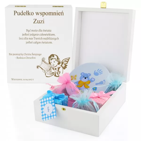 Eleganckie pudełko wspomnień + odcisk bobasa dla dziecka z grawerem dedykacji