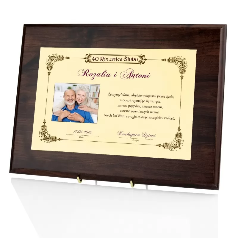 prezent na 40 rocznicę ślubu drewniany certyfikat z personalizacją