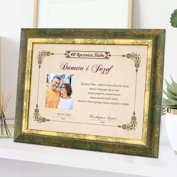 Certyfikat w ramce ze zdjęciem i dedykacją na rocznicę ślubu - Za ręce