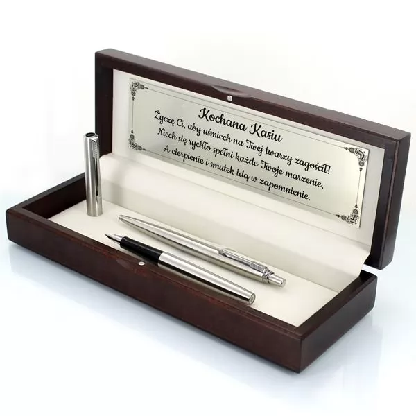 Pióro wieczne i długopis Parker Jotter w drewnianym etui z grawerem