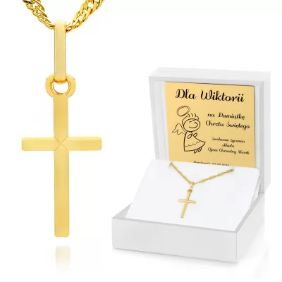 Złoty krzyżyk z łańcuszkiem i grawerem na chrzest - Anioł