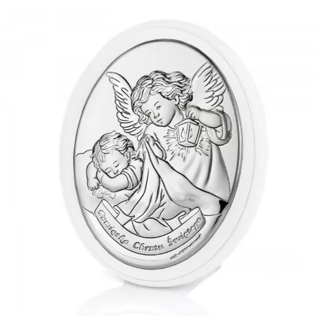 Srebrny obrazek Anioł Stróż (15 x 11,5 cm) - prezent na Chrzest z grawerem