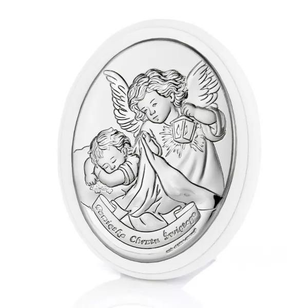 Srebrny obrazek Anioł Stróż (11 x 8,5 cm) - prezent na Chrzest z grawerem