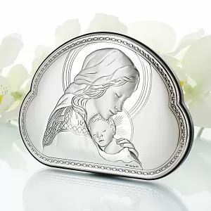 srebrny obrazek z Matką Boską