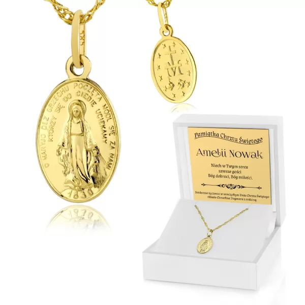 Złoty medalik Matka Boska i łańcuszek pr. 585 z grawerem - Bóg dobroci