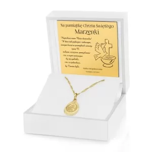 złoty łańcuszek z medalikiem w pudełku z dedykacją na prezent na chrzest dla dziewczynki