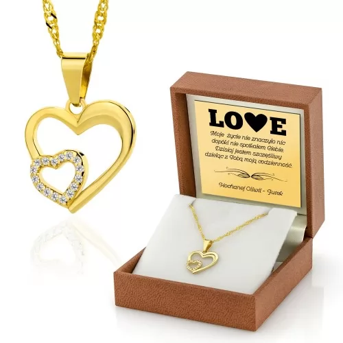Złote serduszko z cyrkoniami i łańcuszek pr. 585 z grawerem - Love