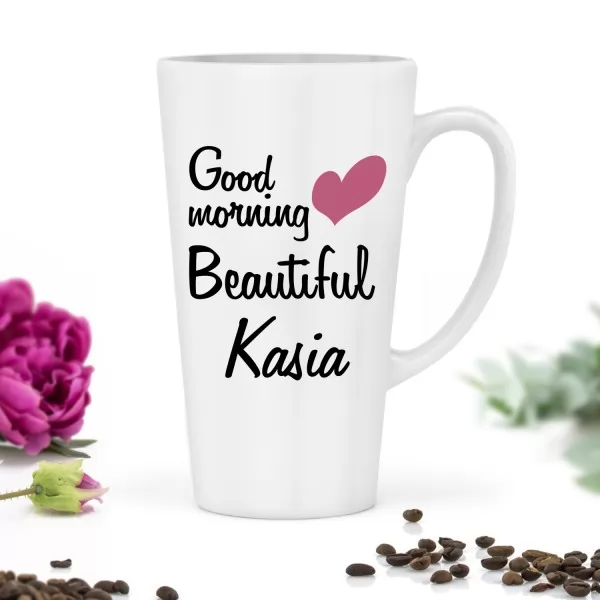 Kubek latte z napisem Good morning Beautiful i jej imieniem 