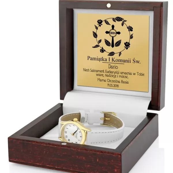 Zegarek dziecięcy na rękę Casio w drewnianym pudełku z dedykacją 