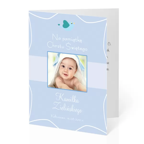 Kartka na chrzest dla chłopczyka ze zdjęciem i życzeniami - Niebo