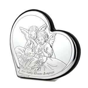  srebrny obrazek w kształcie serca z aniołkami na pamiątkę chrztu świętego