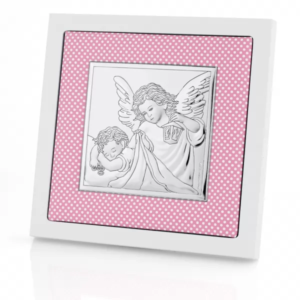 Srebrny obrazek Aniołki w ramce (14 cm x 14 cm) różowy