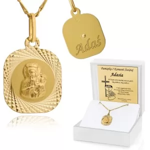 Złoty medalik Matka Boska z łańcuszkiem pr. 585 i grawerem - Chleb i wino