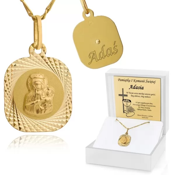 Złoty medalik Matka Boska + łańcuszek pr. 585 z grawerem