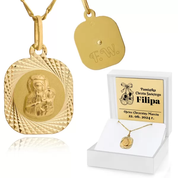 Złoty medalik Matka Boska + łańcuszek pr. 585 z grawerem - Buciki