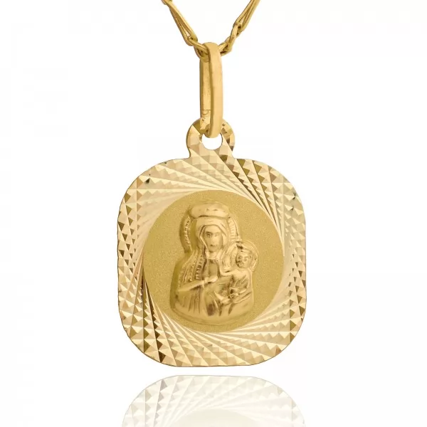 Złoty medalik pr. 585 Matka Boska z łańcuszkiem i grawerem