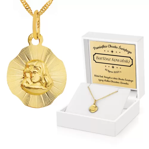 Złoty medalik Matka Boska + łańcuszek pr. 585 na chrzest - Wielu łask
