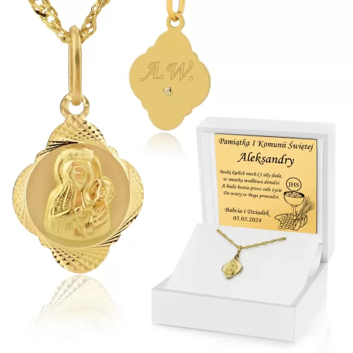 Złoty medalik z łańcuszkiem 585 z grawerem na komunię - Boski kielich