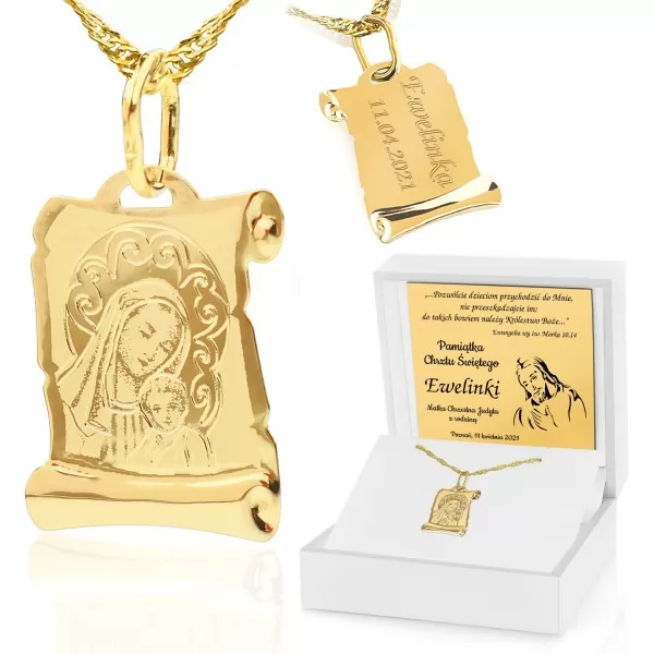 Złota biżuteria dziecięca 585: medalik z Matką Boską na upominek z grawerem