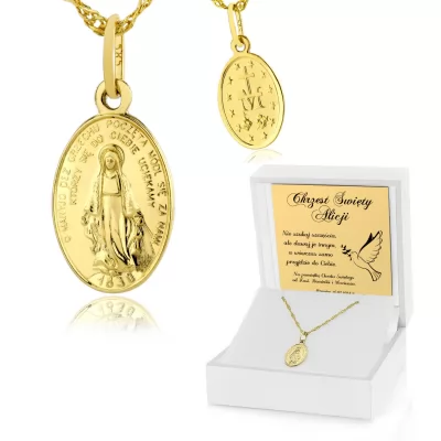 Złoty medalik Matka Boska i łańcuszek pr. 585 z grawerem