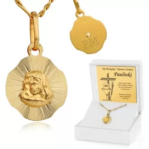 Złoty medalik Matka Boska i łańcuszek pr. 585 z grawerem na komunię - Kłos