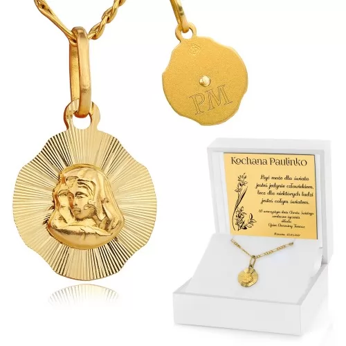 Złoty medalik Matka Boska z łańcuszkiem pr. 585 na chrzest - Cały świat