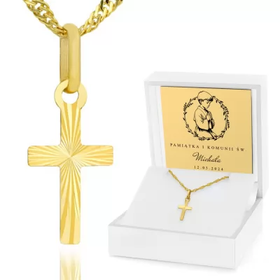 Złoty krzyżyk z łańcuszkiem pr. 585 na komunię dla chłopca - Święty czas