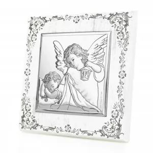 posrebrzany obrazek anioła stróża na prezent dla dziecka