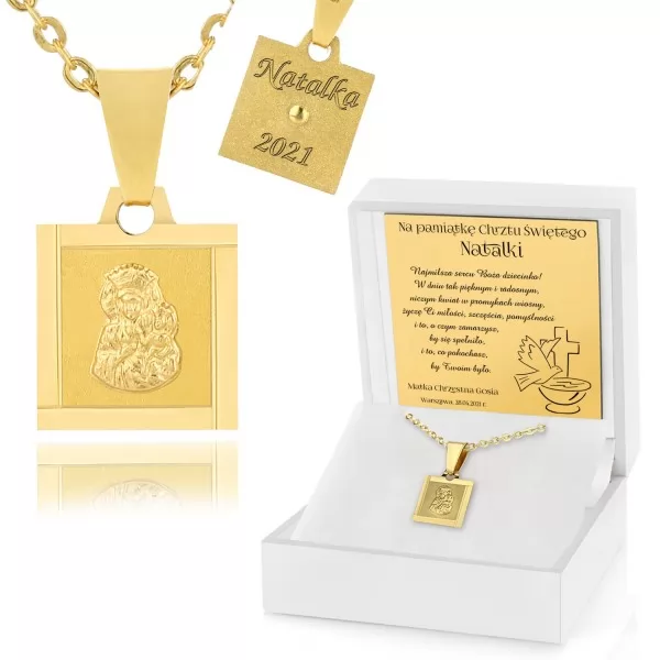 Złoty medalik Matka Boska na łańcuszku z grawerem Twoich życzeń na chrzest