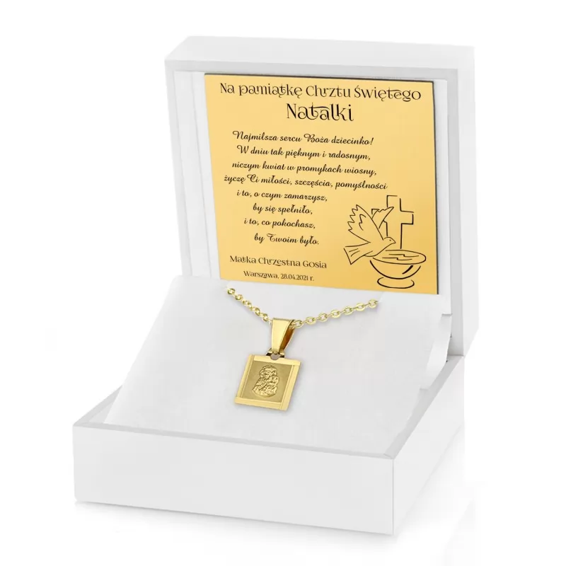 złota biżuteria na pamiątkę chrztu z dedykacją
