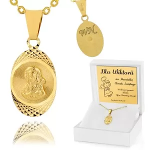 Złoty medalik z łańcuszkiem pr. 585 i grawerem na chrzciny - Światło wiary