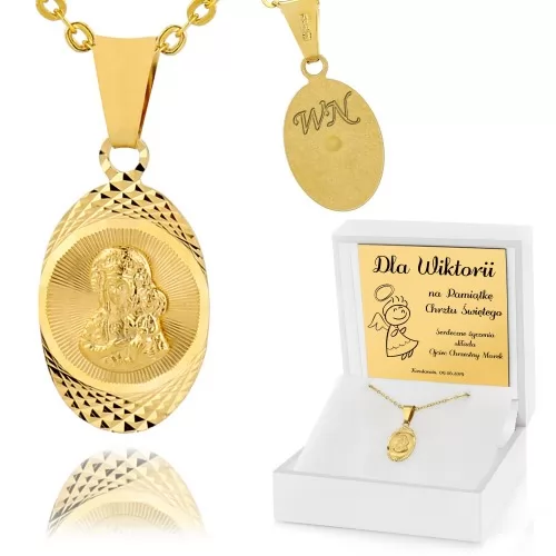 Złoty medalik z łańcuszkiem pr. 585 i grawerem na chrzciny - Światło wiary