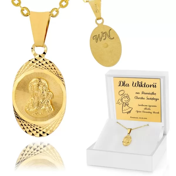 Złoty medalik Matka Boska z łańcuszkiem 585 z opcją graweru na chrzciny
