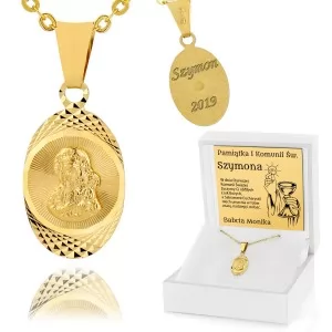 Złoty medalik pr. 585 z grawerem na komunię dla chłopca - Liturgia
