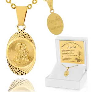 Złoty medalik Matka Boska z łańcuszkiem 585 na komunię - Cuda i znaki
