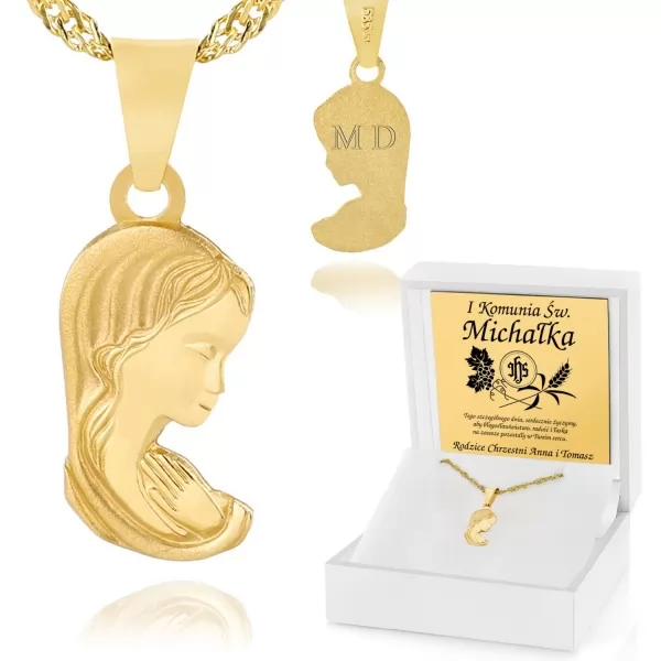 Złoty medalik z Matką Boską na łańcuszku na prezent dla dziecka z personalizacją