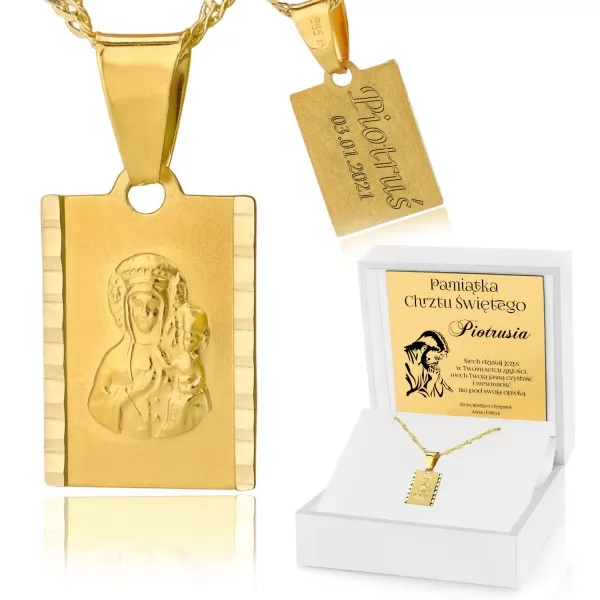 Złoty łańcuszek i medalik z Matką Boską z grawerem (próba 585) na prezent dla dziecka