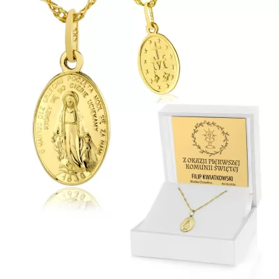 Medalik złoty Matka Boska Cudowna 585 na komunię - Wiara, nadzieja, miłość