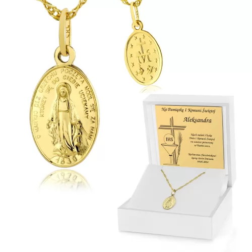 Złoty medalik Matka Boska Cudowna 585 na komunię - Zaufanie w Bożej opiece