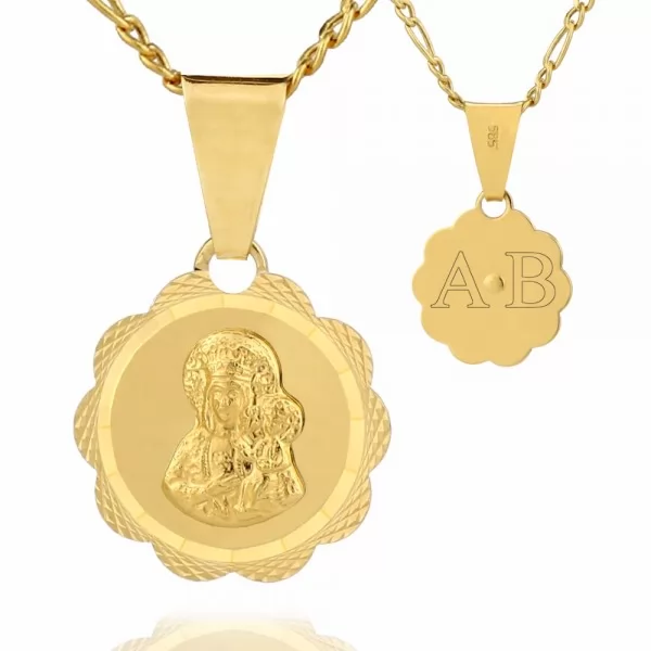 Złoty medalik Matka Boska okrągły z łań. figaro 585 z opcją graweru na chrzest