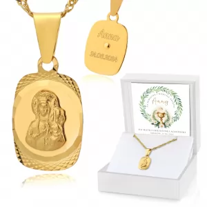 Złoty medalik Matka Boska 585 z grawerem na komunię - Wianek