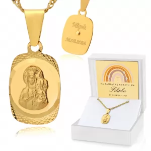 Złoty medalik Matka Boska z łańcuszkiem 585 z grawerem na chrzest - Tęcza