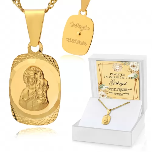 Złoty medalik Matka Boska 585 z grawerem na komunię - Bóg dobroci