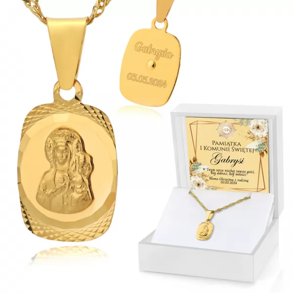 Złoty medalik Matka Boska 585 z grawerem na komunię - Bóg dobroci