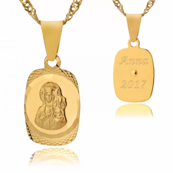 Złoty medalik Matka Boska prostokąt z łań. singapure 585 z opcją graweru na komunie